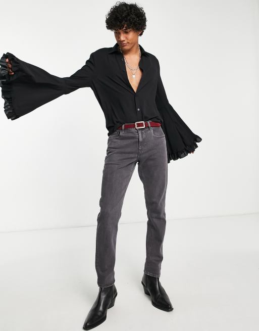 ASOS DESIGN sheer shirt with oversized ruffle bell sleeve in black, 3 of 4