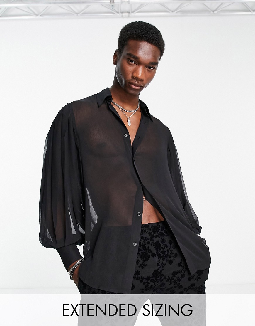 ASOS DESIGN sheer shirt with pleated volume sleeve in black