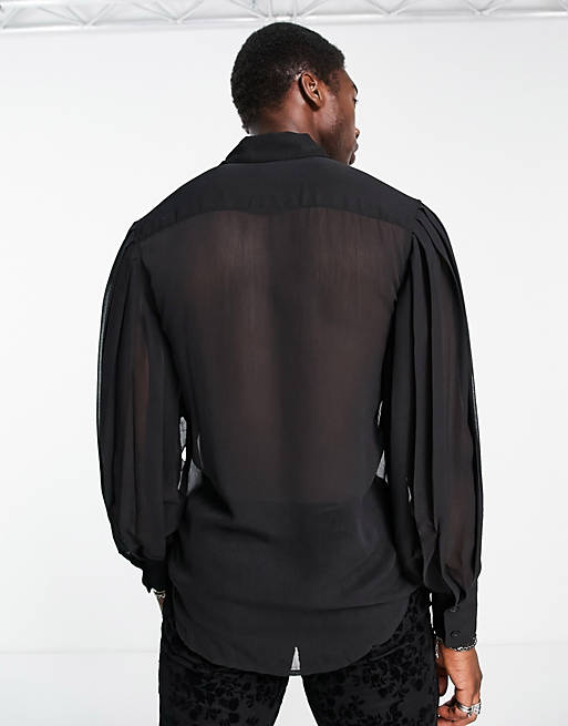 ASOS DESIGN sheer shirt with pleated volume sleeve in black