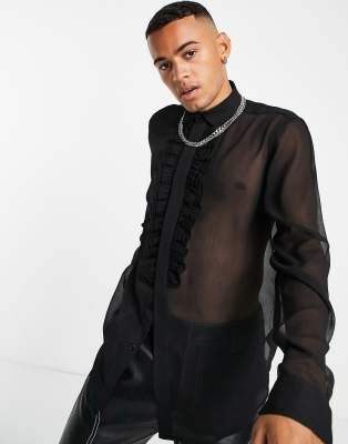 ASOS DESIGN sheer shirt with ruffle front in black