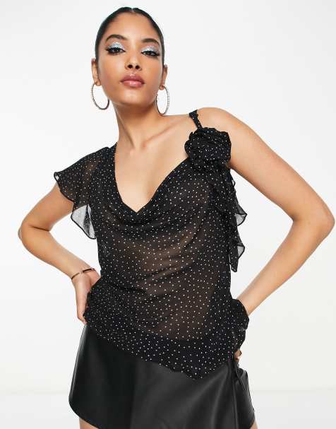 ASOS DESIGN sheer short sleeve top with corsage detail in mono spot - view 1