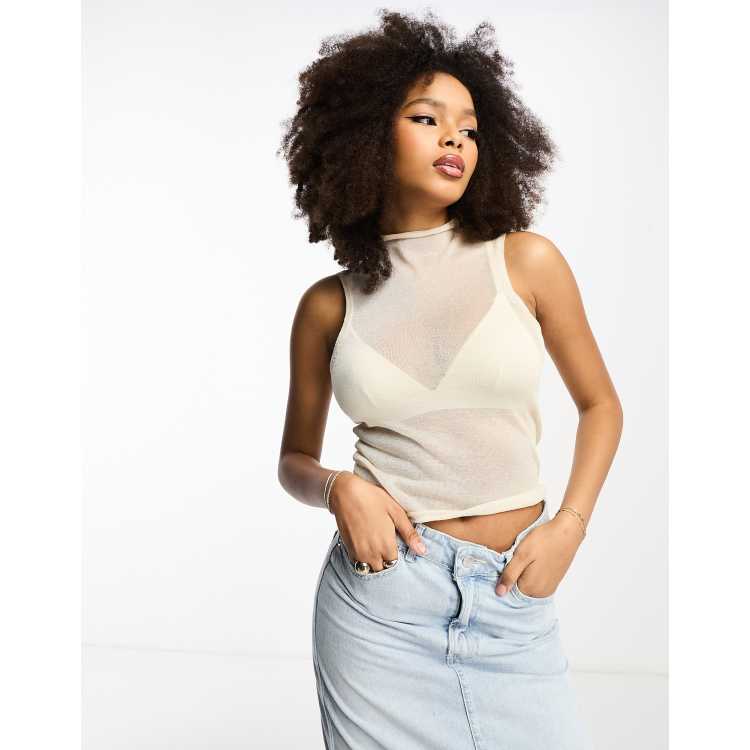 ASOS DESIGN sheer sleeveless top with high neck in cream