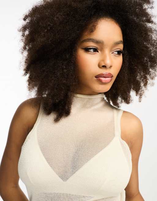 ASOS DESIGN sheer sleeveless top with high neck in cream | ASOS