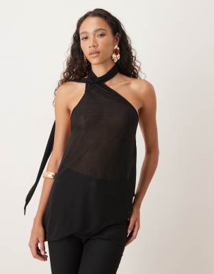Asos Design Sheer Slouchy Scarf Detail Asymmetric Top In Black