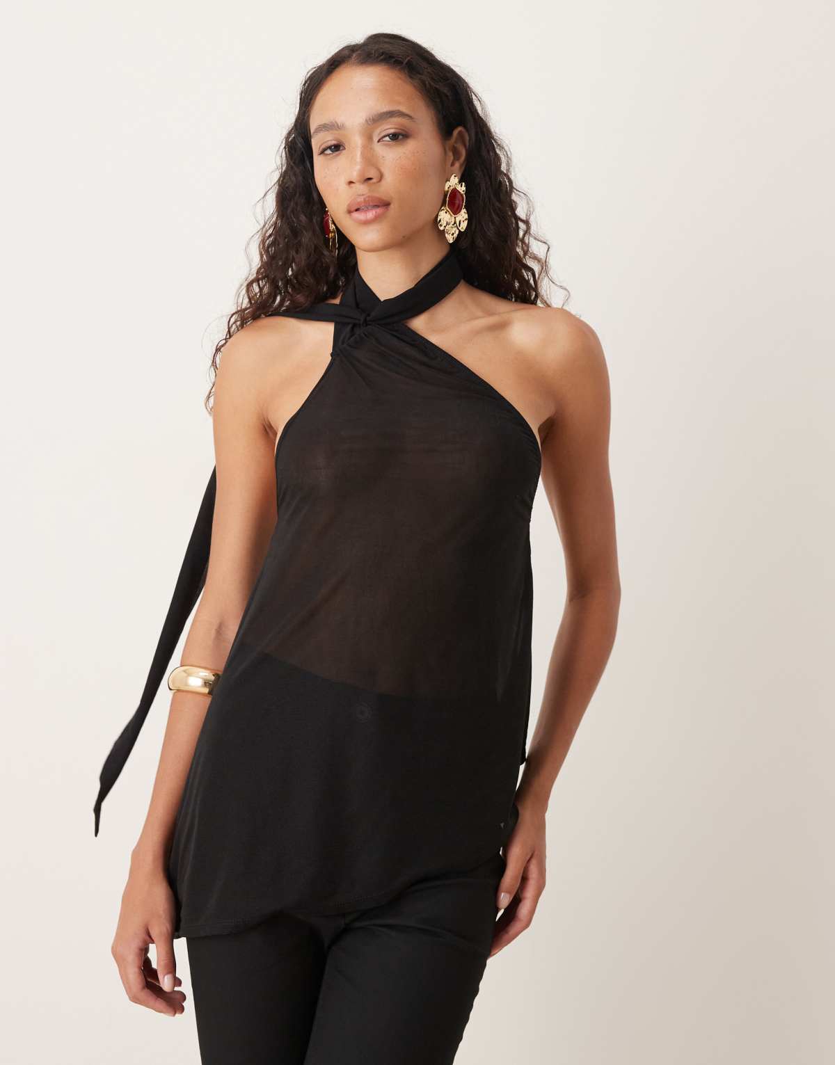 ASOS DESIGN sheer slouchy scarf detail asymmetric top in black