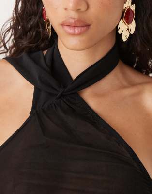 Asos Design Sheer Slouchy Scarf Detail Asymmetric Top In Black