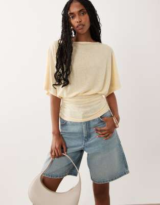 ASOS DESIGN sheer slub batwing sleeve top with cinched waist in buttermilk