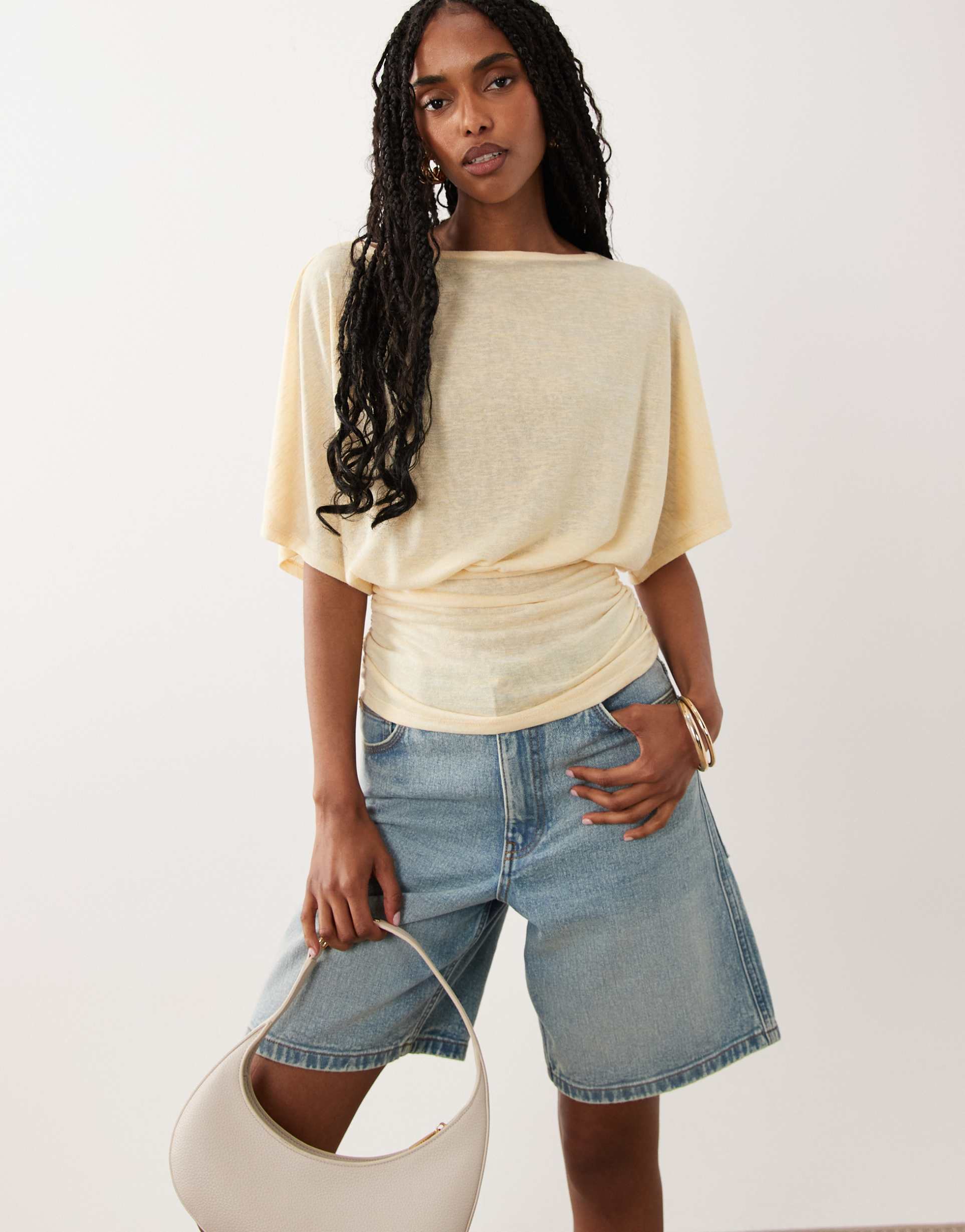 asos design sheer slub batwing sleeve top with cinched waist in buttermilk