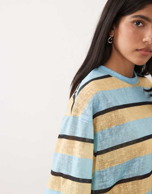 ASOS DESIGN sheer slub short sleeve boxy cropped t-shirt in butter and blue stripe, 2 of 4