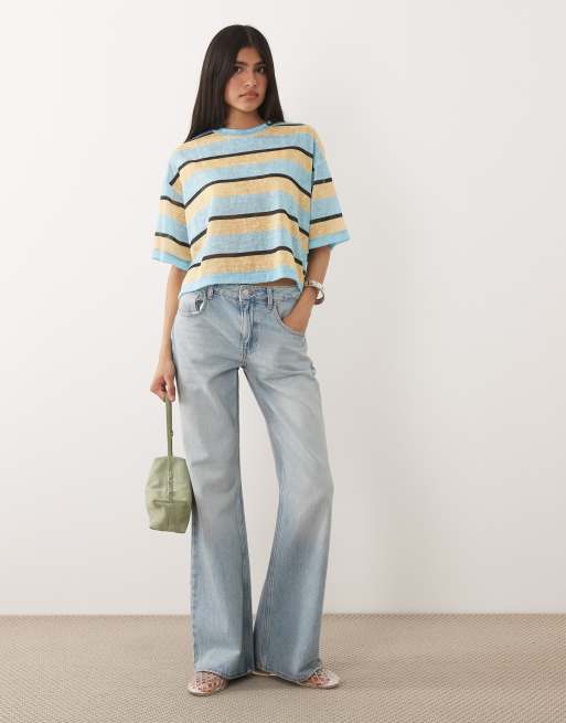 ASOS DESIGN sheer slub short sleeve boxy cropped t-shirt in butter and blue stripe, 3 of 4