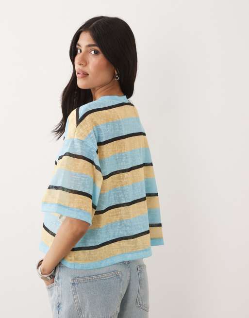 ASOS DESIGN sheer slub short sleeve boxy cropped t-shirt in butter and blue stripe, 4 of 4