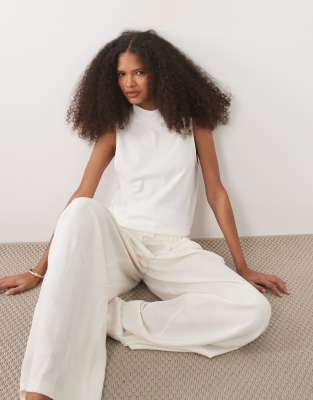 Asos Design Sheer Slub Sleeveless High Neck Top In White