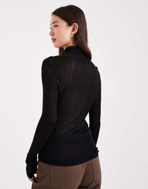 ASOS DESIGN sheer soft touch ruched side high neck top in black&nbsp; - BLACK, 4 of 4