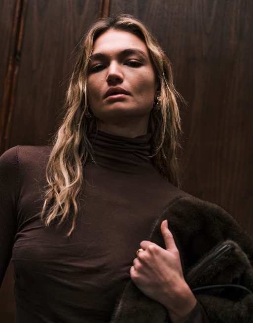ASOS DESIGN sheer soft touch ruched side high neck top in brown&nbsp; - BROWN, 3 of 4
