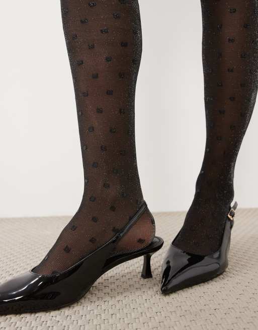 ASOS DESIGN sheer square pattern tights with silver glitter in black, 3 of 3