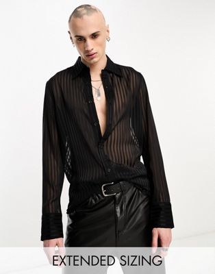 ASOS DESIGN sheer stripe shirt with 70s collar in black