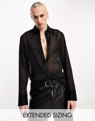 Asos Design Sheer Stripe Shirt With 70s Collar In Black | ModeSens