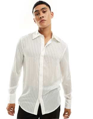 Asos Design Sheer Stripe Regular Shirt With 70's Collar In White
