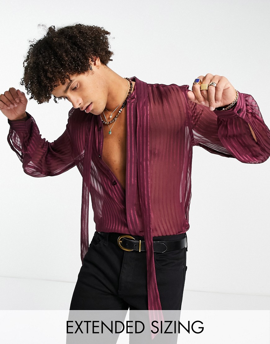 Asos Design Sheer Stripe Shirt With Tie Neck And Blouson Sleeve In Aubergine-purple