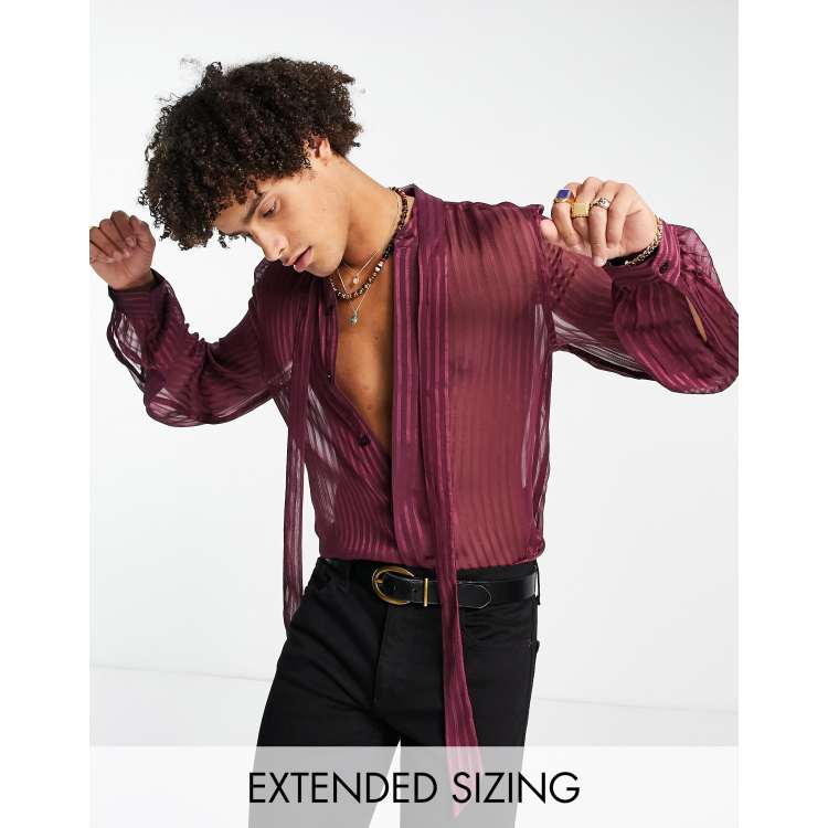 ASOS DESIGN sheer stripe shirt with tie neck and blouson sleeve in aubergine