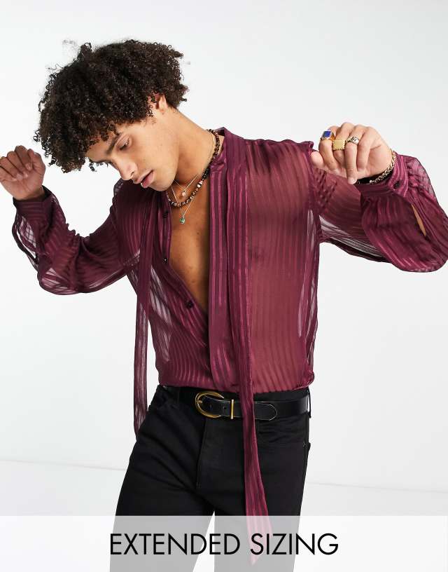 ASOS DESIGN sheer stripe shirt with tie neck and blouson sleeve in aubergine