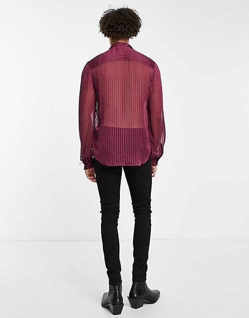ASOS DESIGN sheer stripe shirt with tie neck and blouson sleeve in aubergine
