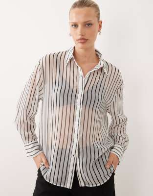 Asos Design Sheer Striped Shirt-no Color In White