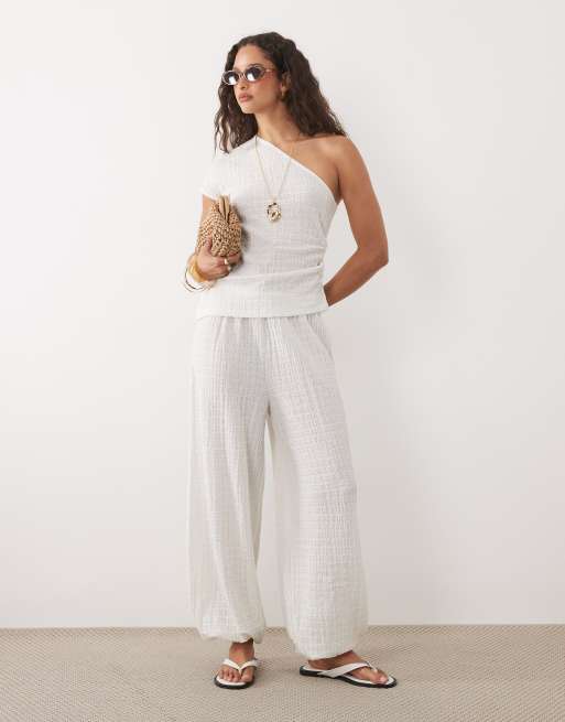 ASOS DESIGN sheer textured asymmetric one shoulder top in white (part of a set), 2 of 4