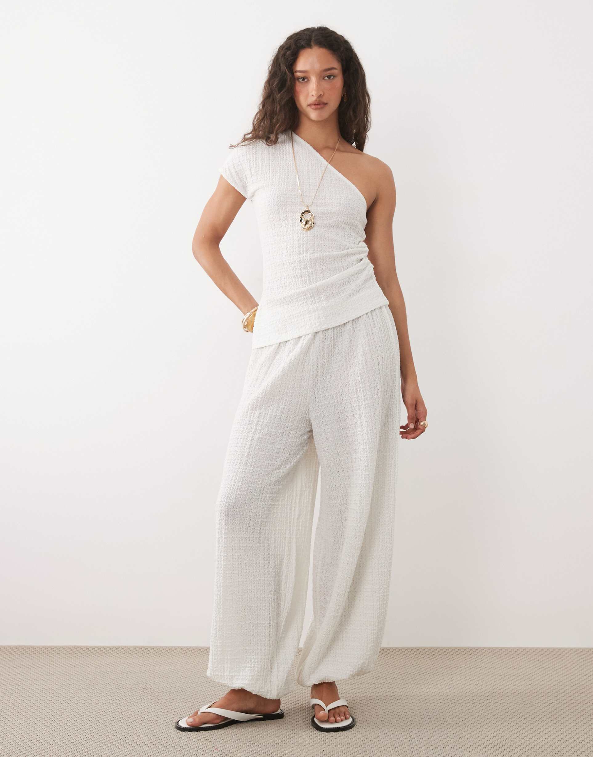 asos design sheer textured balloon pants in white - part of a set