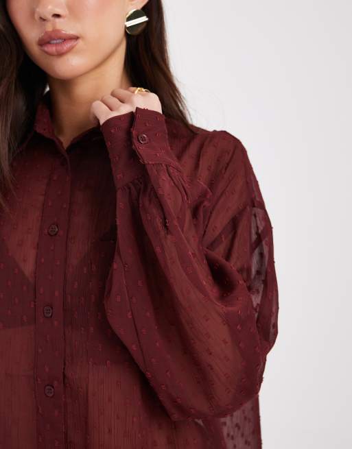 ASOS DESIGN sheer textured detail shirt in burgundy, 2 of 4