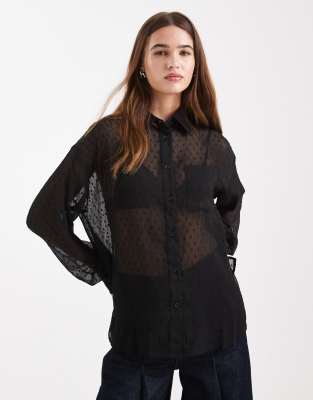 Asos Design Sheer Textured Detailing Shirt In Black