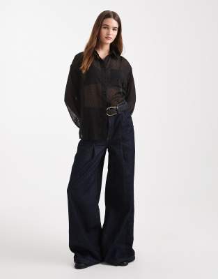 Asos Design Sheer Textured Detailing Shirt In Black