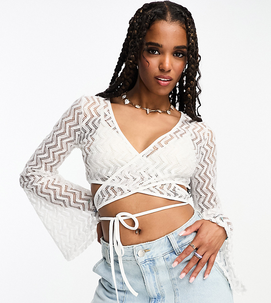 ASOS DESIGN sheer textured lace wrap cardigan in ivory-White