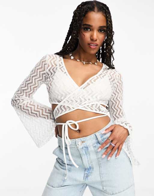 ASOS DESIGN sheer textured lace wrap cardigan in ivory ASOS