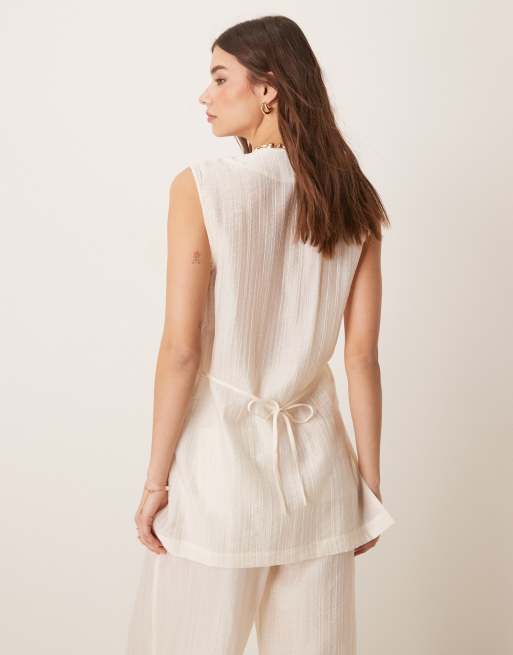 sachin and babi light blue dress ASOS DESIGN sheer textured longline casual vest in off white - part of a  set