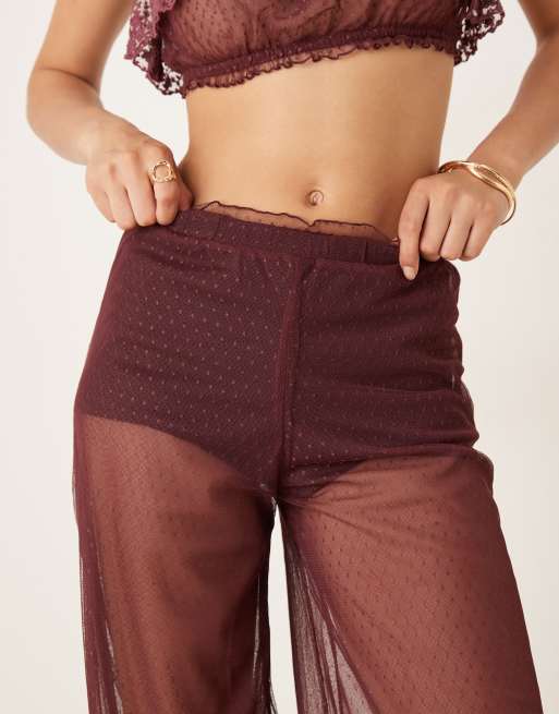 ASOS DESIGN sheer textured mesh lace hem pants in berry - part of a set, 2 of 5