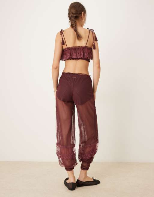 ASOS DESIGN sheer textured mesh lace hem pants in berry - part of a set, 3 of 5