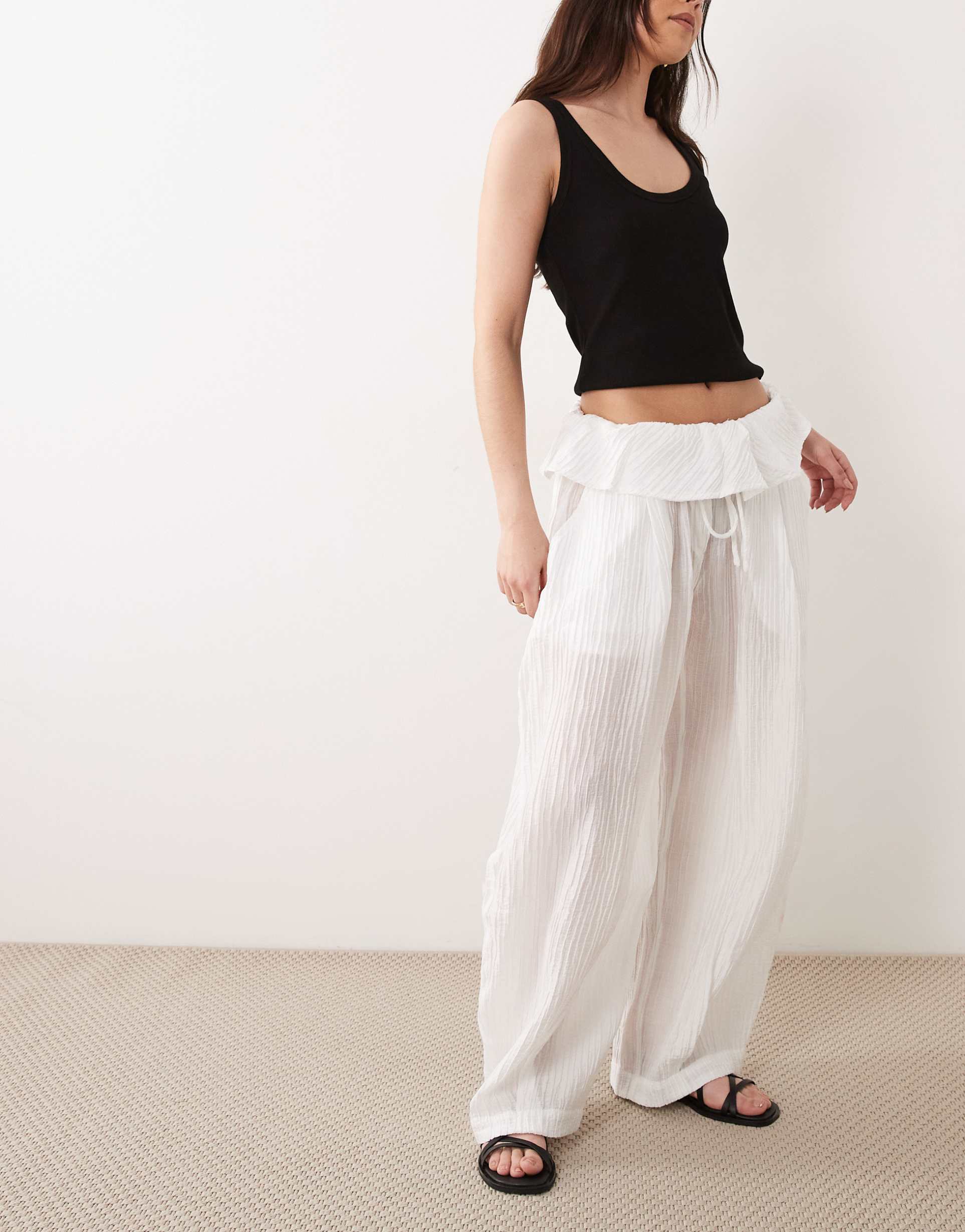 asos design sheer textured pull on balloon pants with waist detail in white