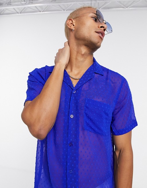 ASOS DESIGN sheer textured shirt with revere collar in colbalt blue