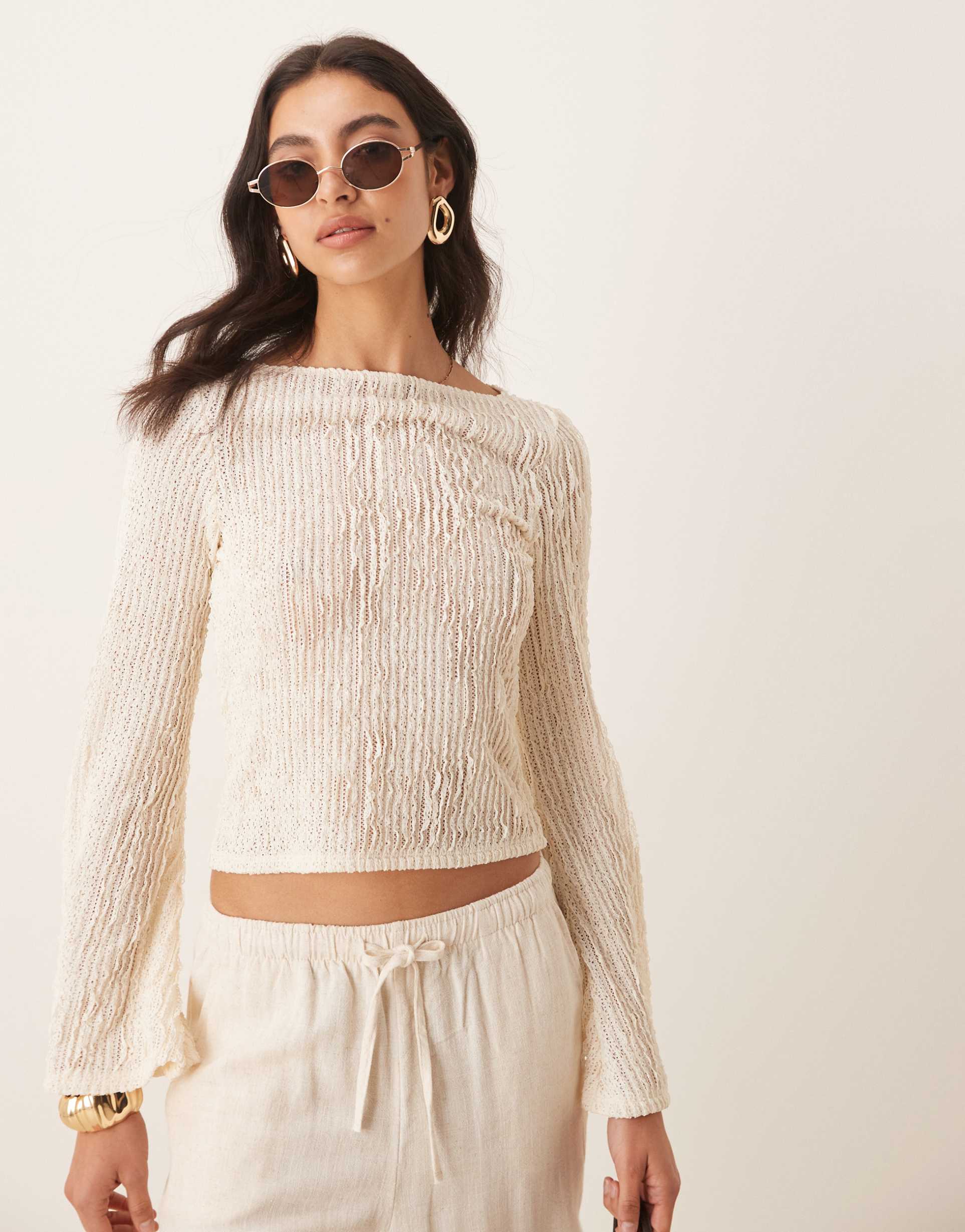 asos design sheer textured slash neck flare sleeve top in white