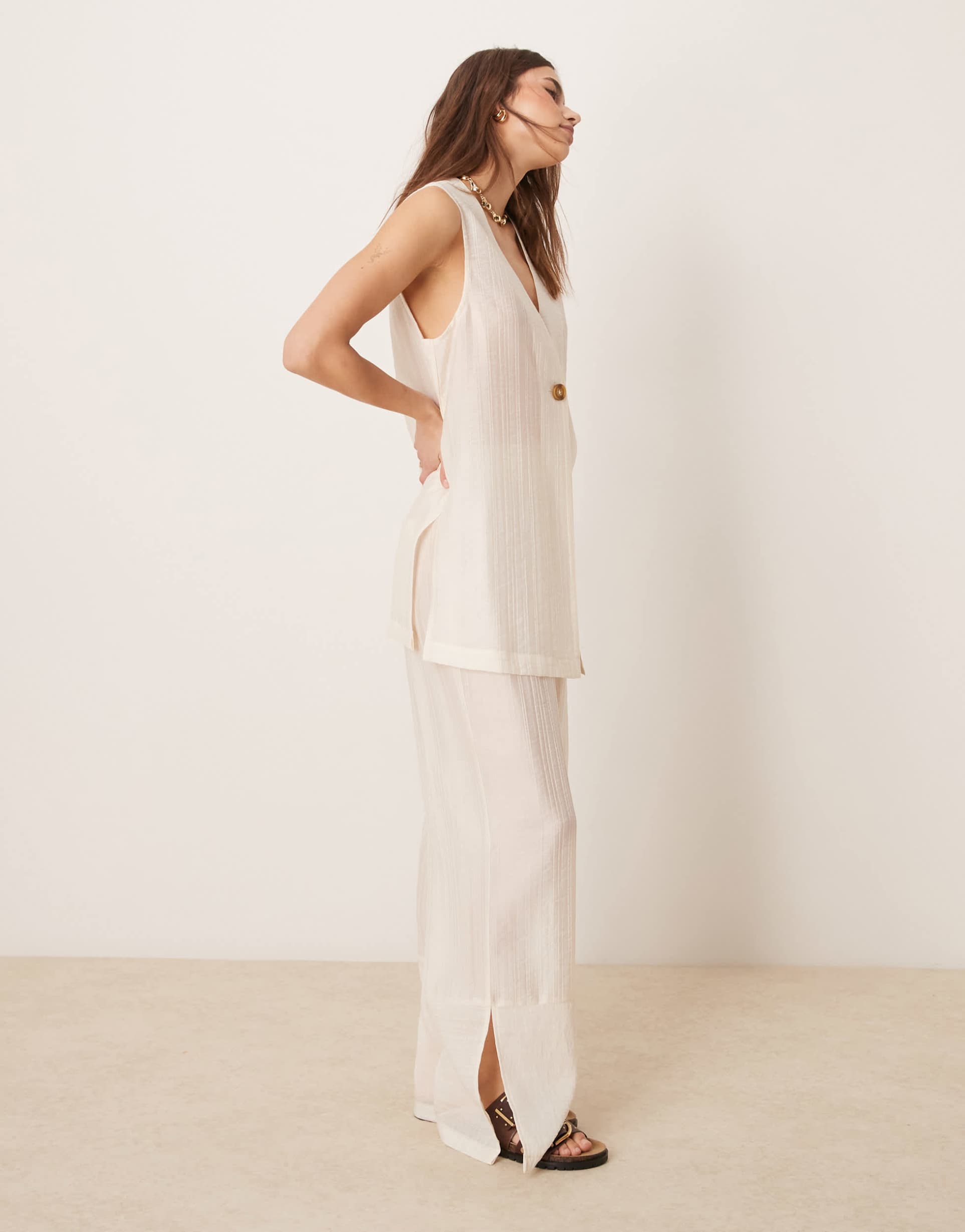 asos design sheer textured wide leg pants in off white - part of a set