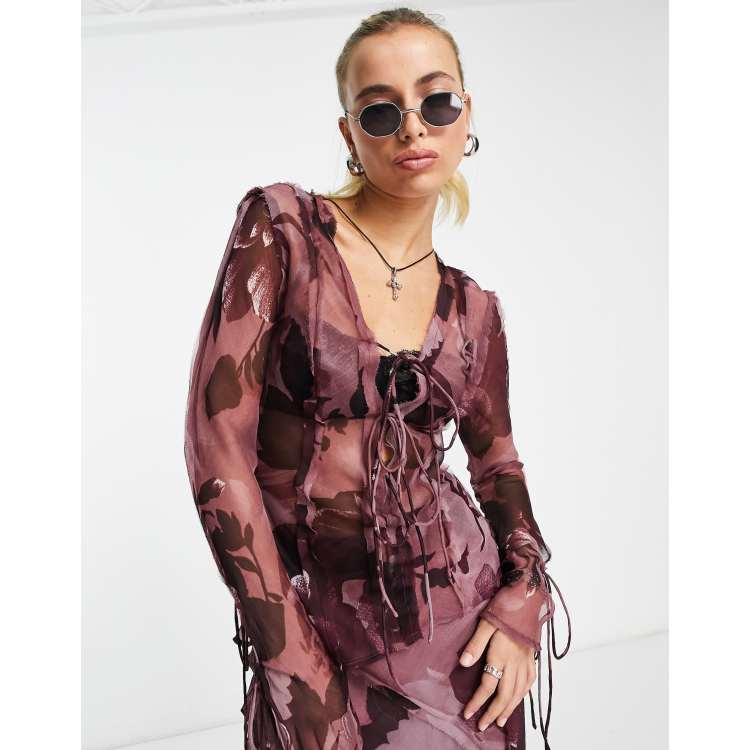 ASOS DESIGN sheer tie front blouse in dark floral print - part of a set |  ASOS
