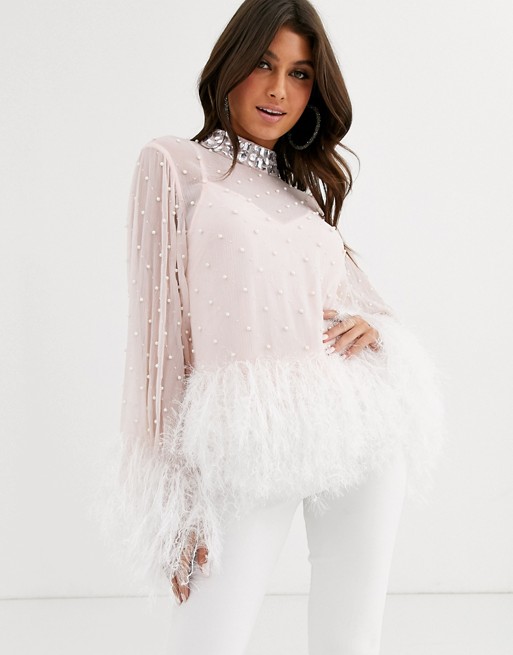ASOS DESIGN Sheer top with pearl embellishement and feather hem