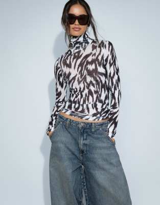 ASOS DESIGN sheer turtle neck long sleeve in mono zebra print | ASOS