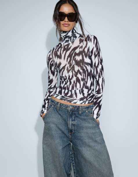 ASOS DESIGN sheer turtle neck long sleeve in mono zebra print
