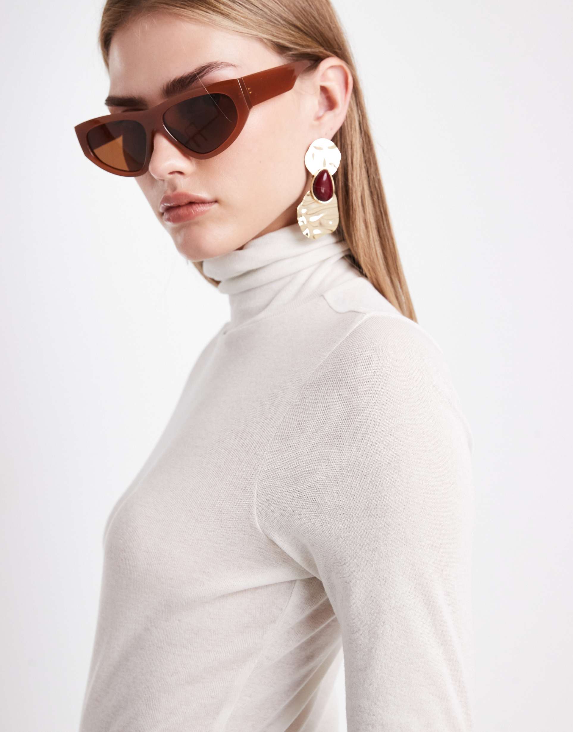 asos design sheer turtle neck longline top in cream