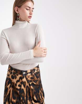 Asos Design Sheer Turtle Neck Longline Top In Neutral