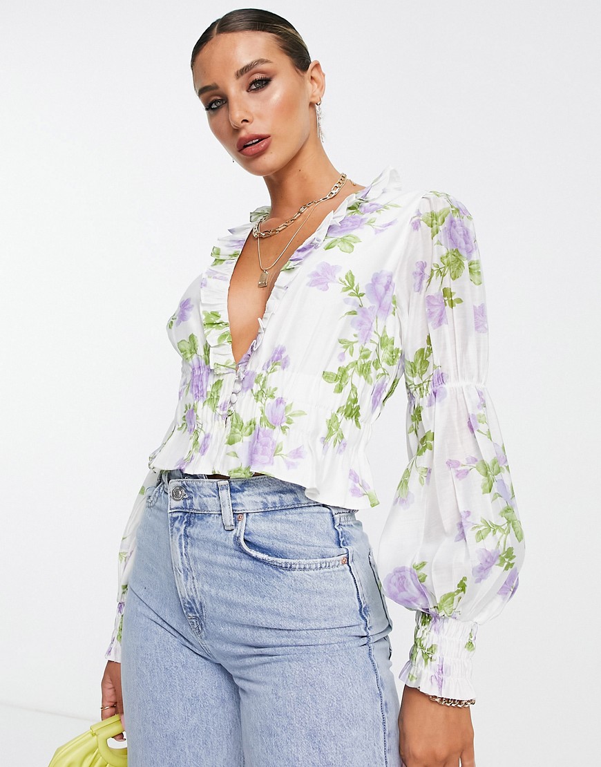 ASOS DESIGN sheer v neck blouse with volume sleeves in purple rose print-Multi