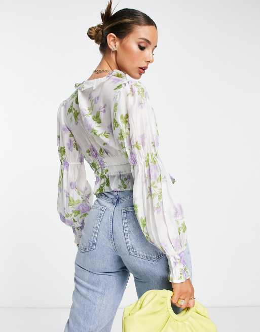 ASOS DESIGN long sleeve sheer blouse with ruffle frill detail and