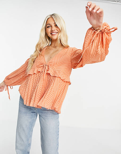 Tops Shirts & Blouses/sheer v neck top with frill and tie waist detail in apricot 